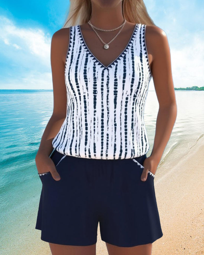 Mia™ | Maiô Casual de Duas Peças com Estampa, Decote em V e Bolsos