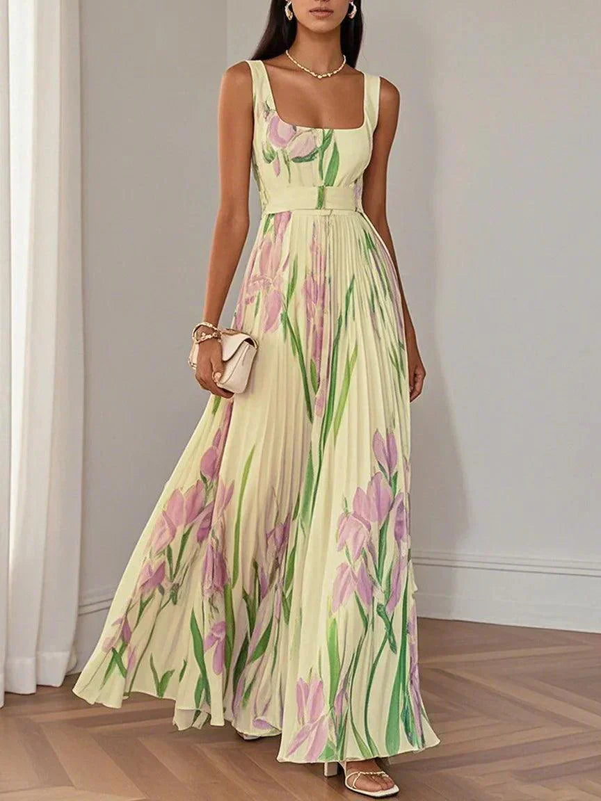 Aurelia™ | Floral Chiffon Maxi Dress with Pleated Design