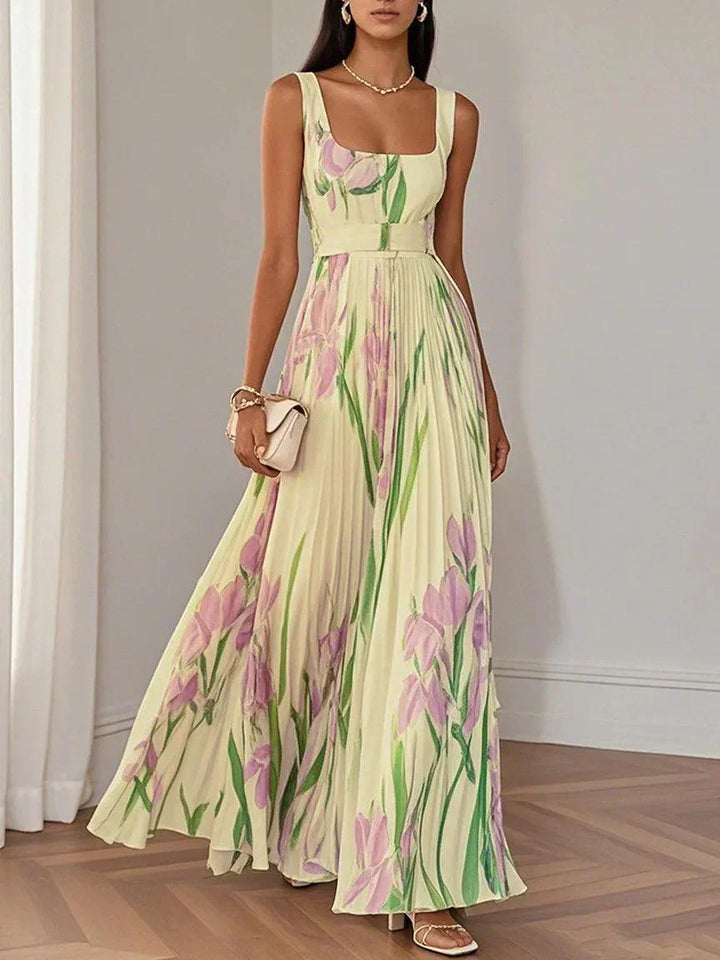 Aurelia™ | Floral Chiffon Maxi Dress with Pleated Design