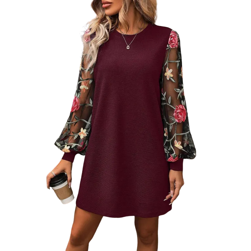 LUCY – Bishop Sleeve Dress with Floral Embroidery