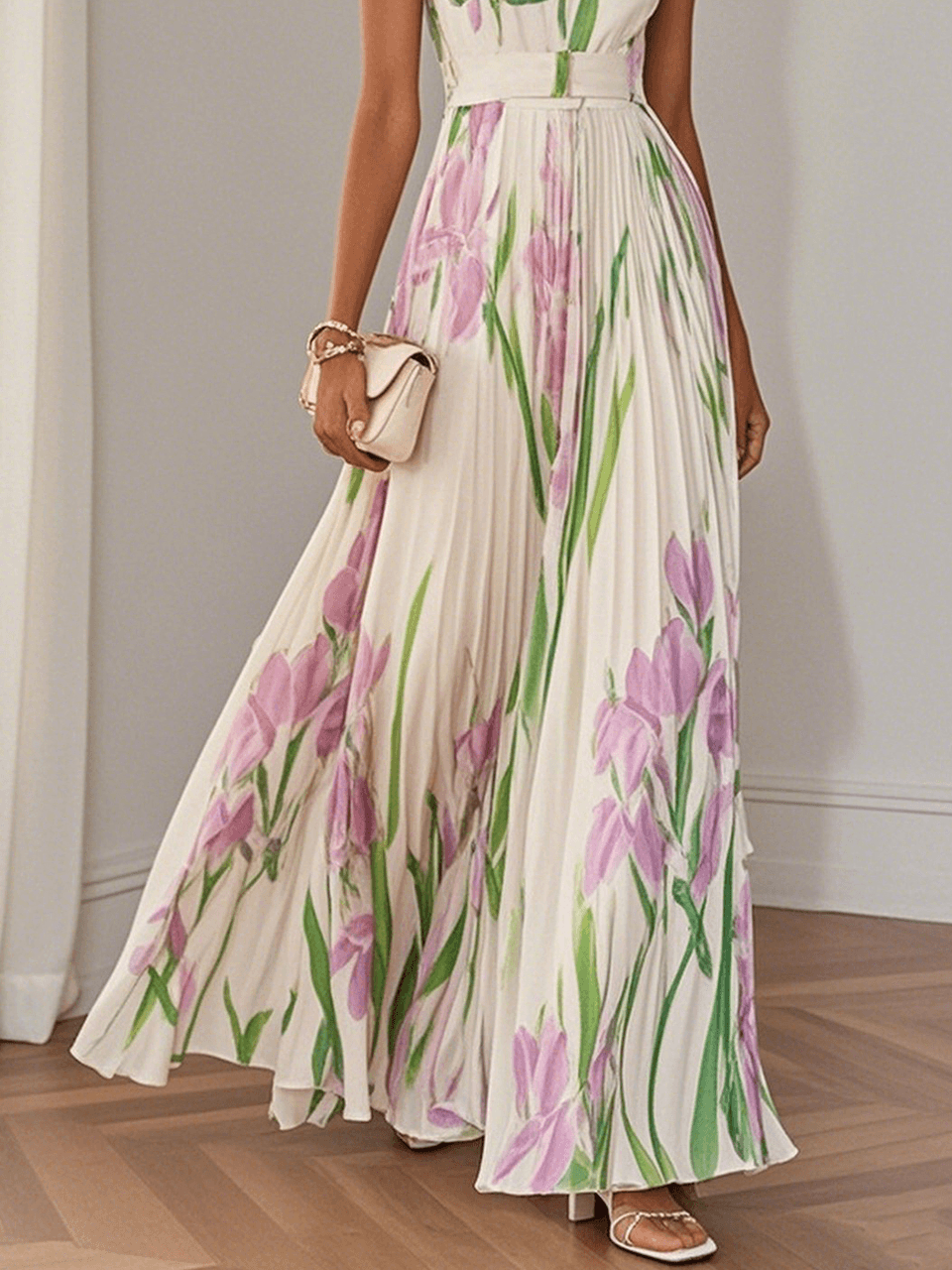 Aurelia™ | Floral Chiffon Maxi Dress with Pleated Design