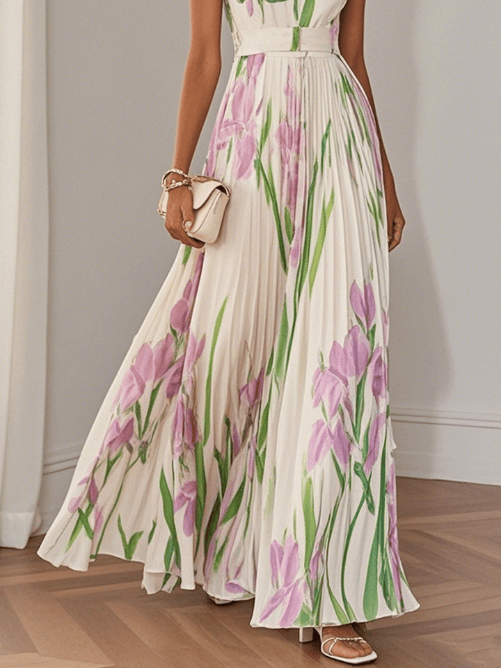 Aurelia™ | Floral Chiffon Maxi Dress with Pleated Design