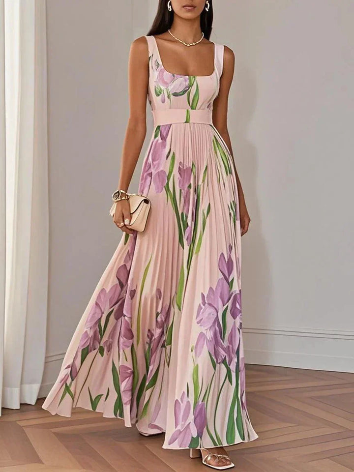 Aurelia™ | Floral Chiffon Maxi Dress with Pleated Design