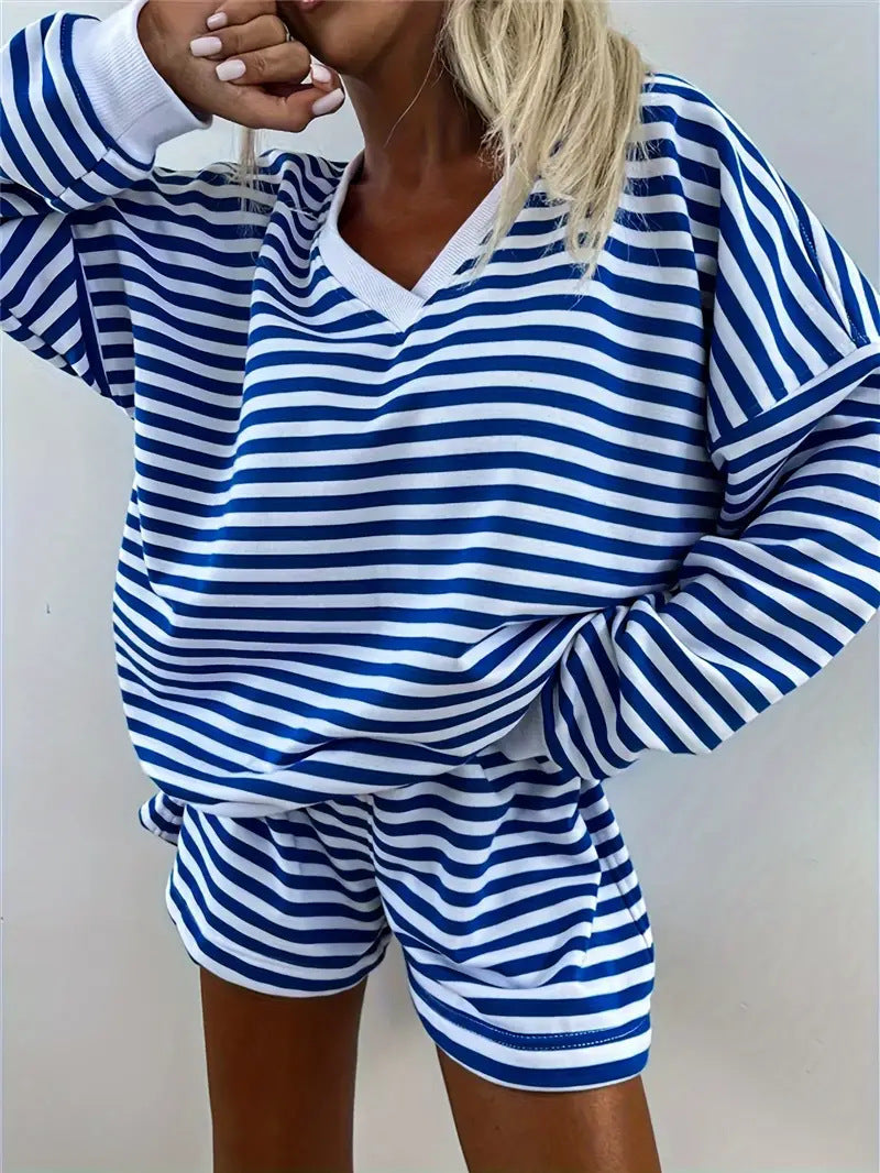 NOLANI™ – Striped V-Neck Lounge Set with Relaxed Fit