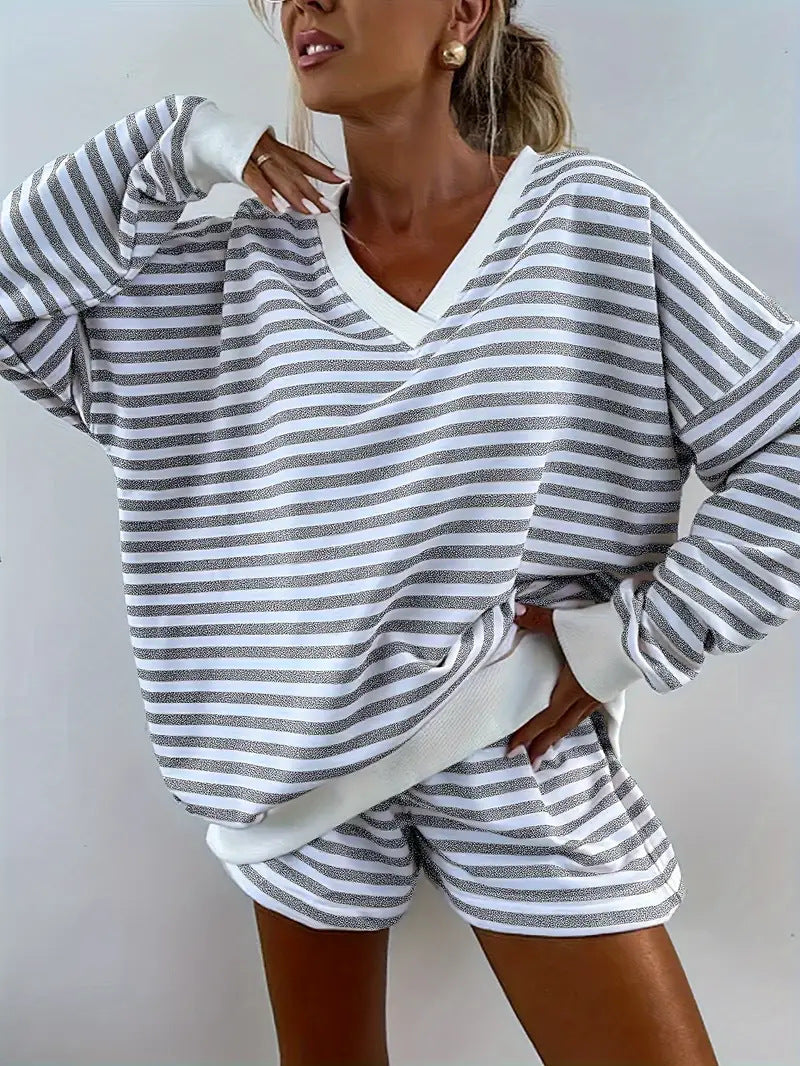 NOLANI™ – Striped V-Neck Lounge Set with Relaxed Fit