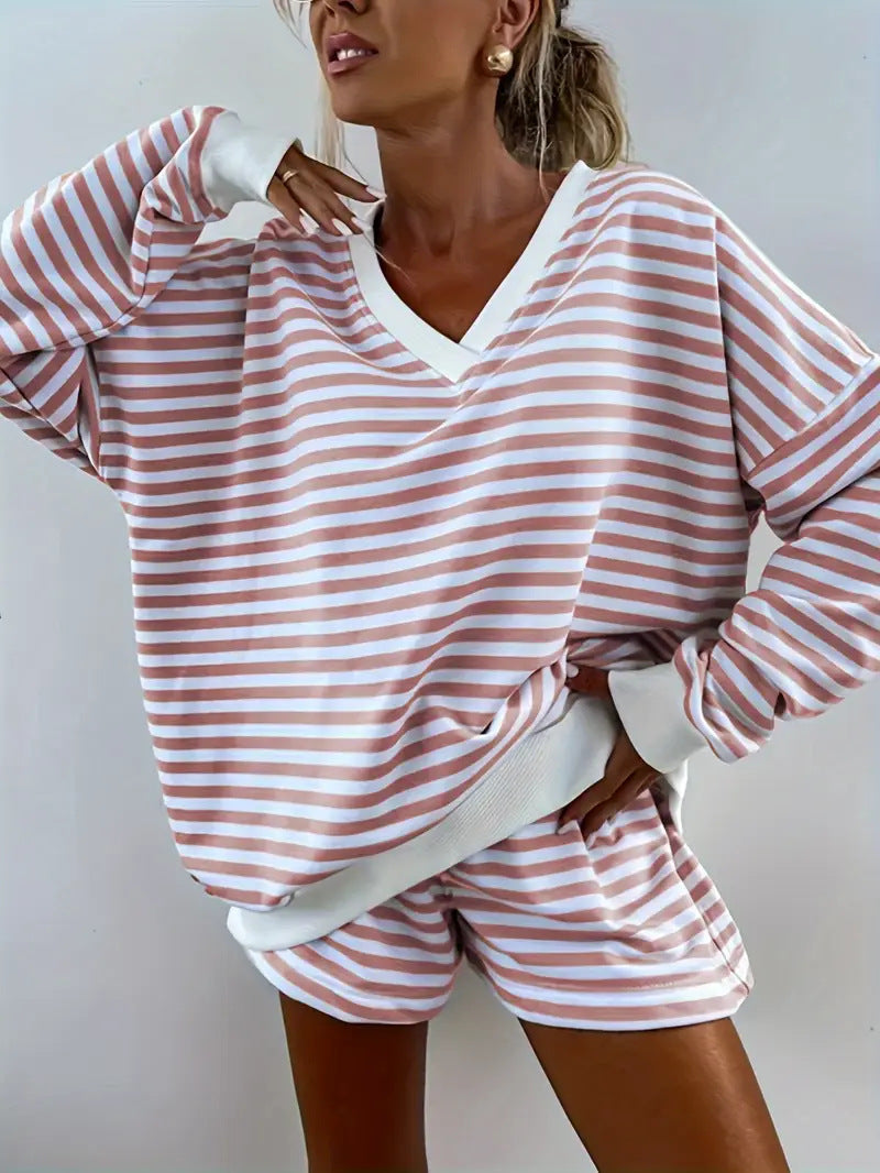 NOLANI™ – Striped V-Neck Lounge Set with Relaxed Fit