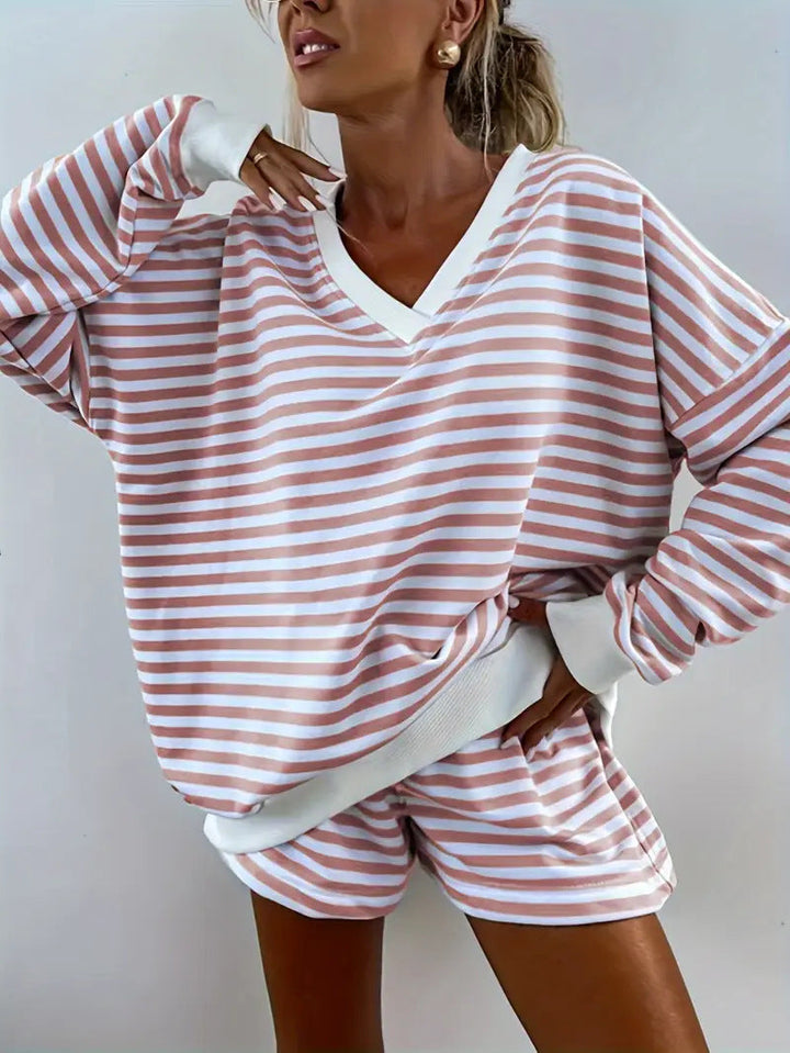 NOLANI™ – Striped V-Neck Lounge Set with Relaxed Fit