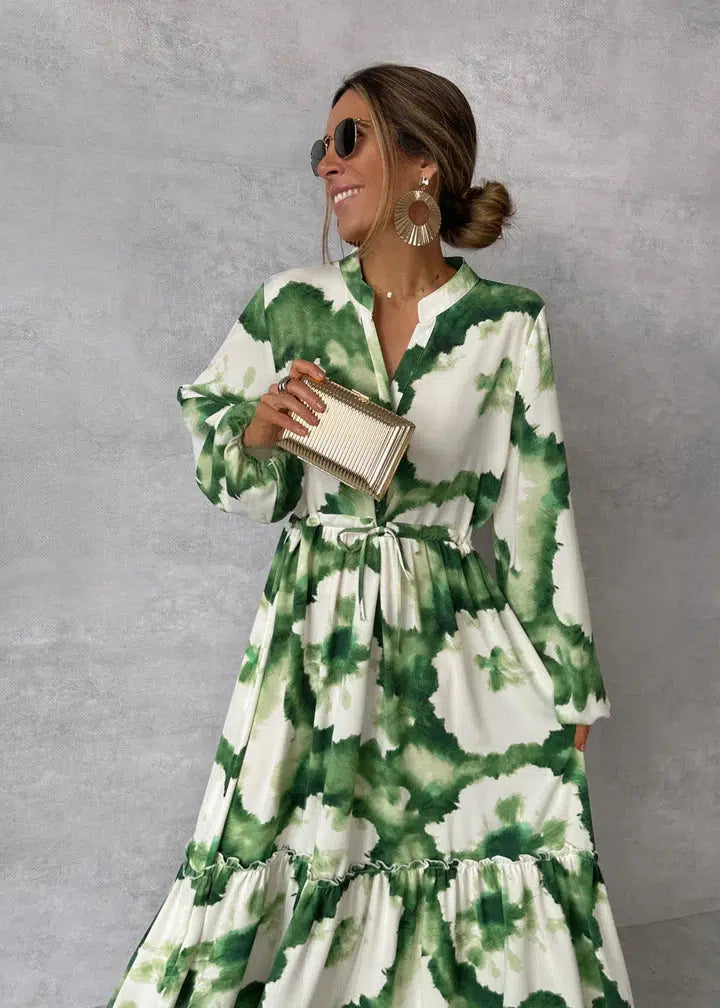 Elegant Flowy V-Neck Maxi Dress for Women - Premium Long Sleeve Style