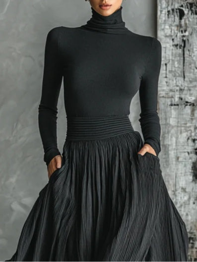Cybele™ | Black Turtleneck and Pleated Skirt Ensemble