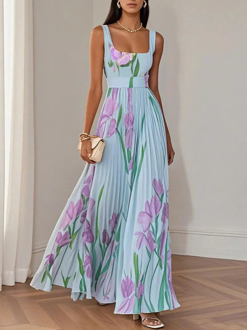 Aurelia™ | Floral Chiffon Maxi Dress with Pleated Design