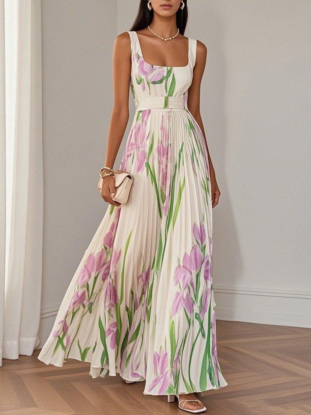Aurelia™ | Floral Chiffon Maxi Dress with Pleated Design