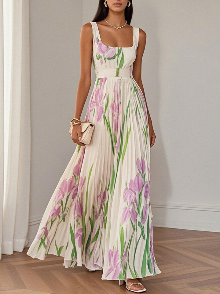 Aurelia™ | Floral Chiffon Maxi Dress with Pleated Design