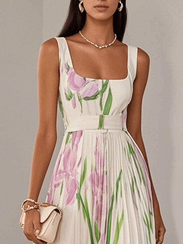Aurelia™ | Floral Chiffon Maxi Dress with Pleated Design