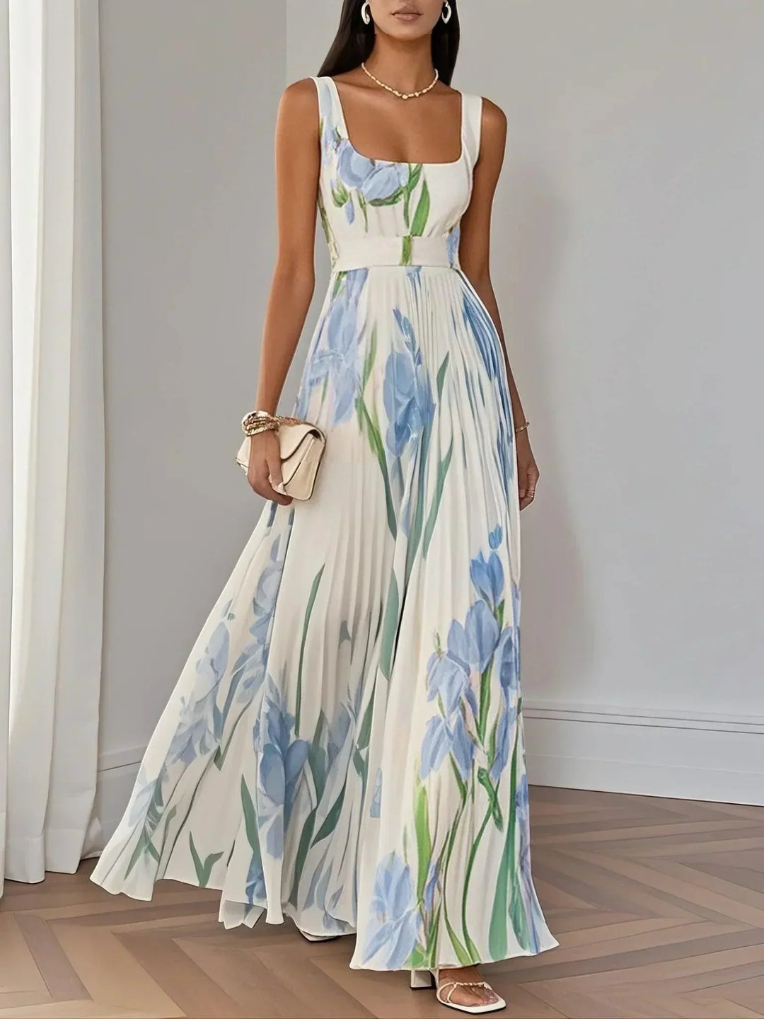 Aurelia™ | Floral Chiffon Maxi Dress with Pleated Design