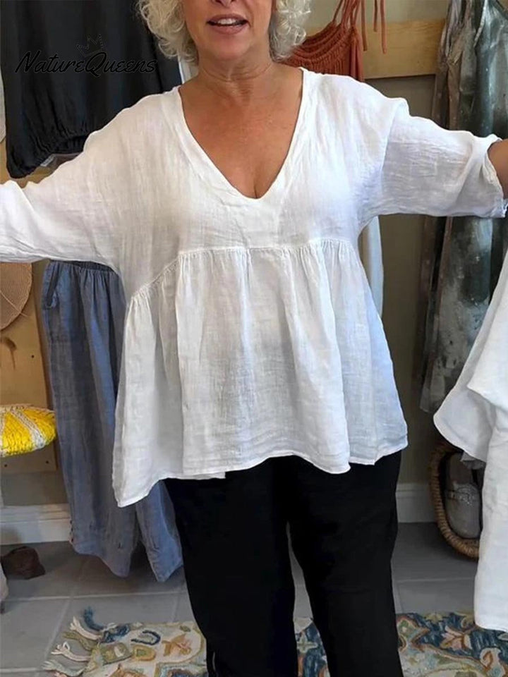 Nadia™ | Camisa com decote V em mescla de algodão e linho