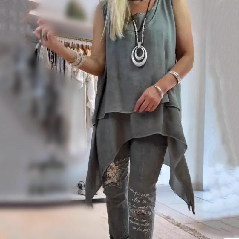 MIREYA™ - Asymmetrical Top with Floral Pants Ensemble