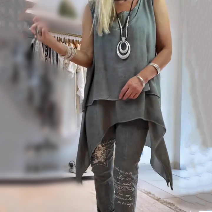 MIREYA™ - Asymmetrical Top with Floral Pants Ensemble